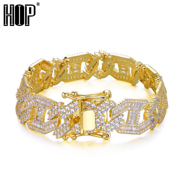 15mm hombres Zircon Miami Baguette Link Pulsera Hip Hop Jewelry Color Oro Material de cobre pesado