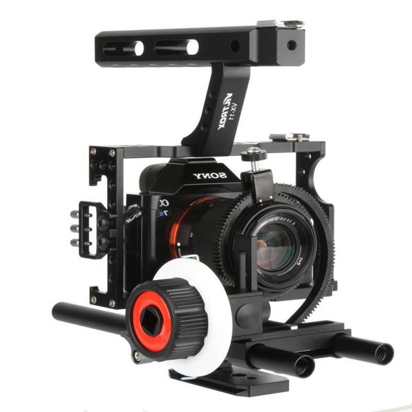 Envío gratuito 15 mm Rod Rig DSLR Video Cage Estabilizador de cámara Mango superior Agarre Seguir enfoque para Sony A7 II A7r A7s A6300 Panasonic GH4 / EO Gteq