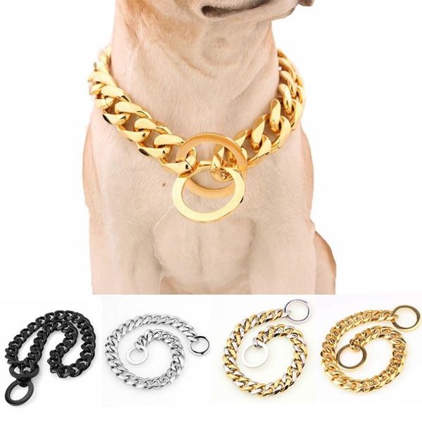 15mm en acier inoxydable chaîne de chien en métal formation colliers pour animaux de compagnie épaisseur or argent slip chiens collier pour grands chiens Pitbull Bulldog Q1238H