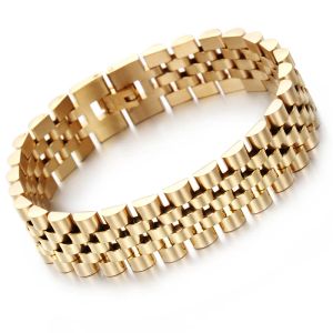 Bracelet à chaîne de 15MM de large pour hommes, Style de bracelet de montre réglable, ne se décolore jamais, bijoux en or jaune 14 carats, brassard pour hommes