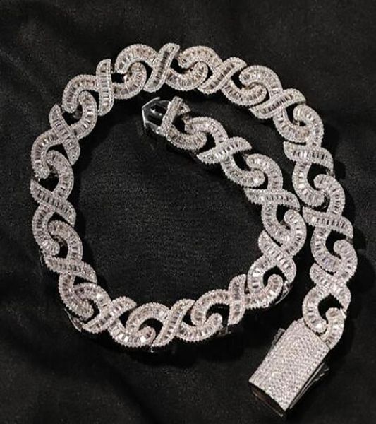 Collar de cadena de enlace infinito de 15 mm de ancho de 15 mm de 15 mm Collar de oro blanco Baguette Baguette Diamond Cubic Zirconia Jewel
