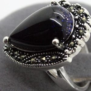 15mmX23mm Blue Gold sand stone Marcasite 925 Sterling Silver Ring Taille 7/8/9/