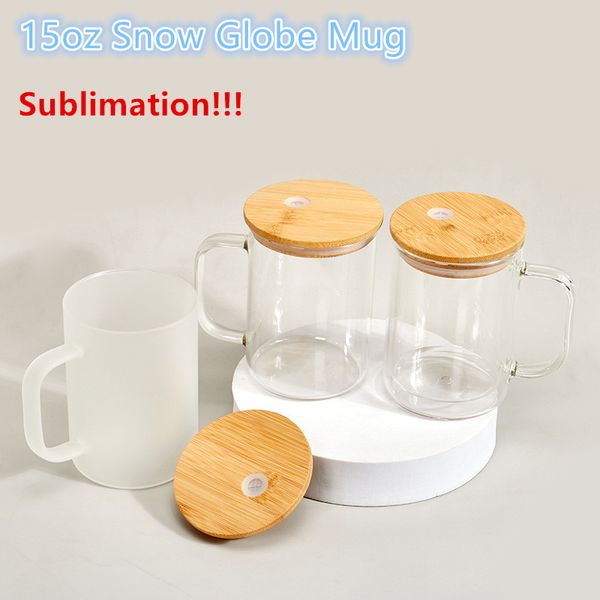Tazas de café de vidrio de sublimación de 15 oz Vidrio de globo de nieve con tapa de bambú Taza de vidrio de doble pared Vidrio de cerveza esmerilado transparente Vasos para beber transparentes regalo personalizado