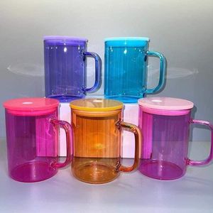 15oz Sublimatie Glazen Mok met Gekleurde Plastic Deksel Warmteoverdracht Tumbler Glas Kan Bier Mok Drinkglas ups