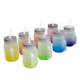 Pot de maçon de couleur dégradé de Sublimation de 15OZ, verre dépoli, bricolage, transfert de chaleur, gobelets de maçon, tasse de bière avec couvercles et pailles