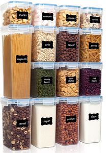 Lot de 15 récipients hermétiques pour le stockage des aliments avec couvercles, sans BPA, en plastique, pour aliments secs, rangement dans la cuisine, lavable au lave-vaisselle, comprend 24 étiquettes