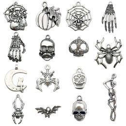 15 unids/bolsa de dijes para joyería Diy, pulseras, collares, llaveros, suministros de Metal para Halloween, Color plateado, telaraña de calavera