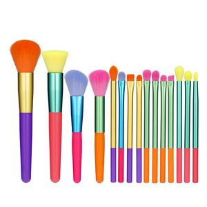 15pcs pinceaux de maquillage colorés ensemble arc-en-ciel fond de teint poudre contour fard à paupières pinceaux