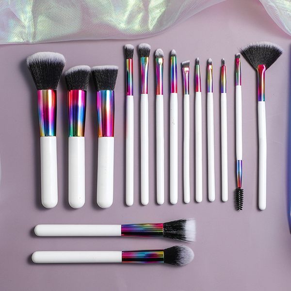 15pcs deslumbran el cepillo cosmético blanco colorido del colorete de la base del polvo del sistema de cepillos del maquillaje del color