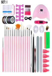 15 pièces ensemble de brosses à ongles pointillant stylo à dessin pinceaux à lampe LED perceuse Machine fichiers Clipper 4way bloc cuticule poussoir paillettes pour 8553851