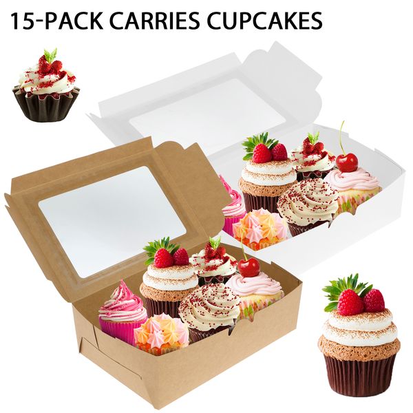 15pcs Boîtes à cupcakes en papier récipient de cupcakes en papier avec fenêtre transparente 6 cavité Cupcake cupcake en papier tasse de gâteau à l'huile