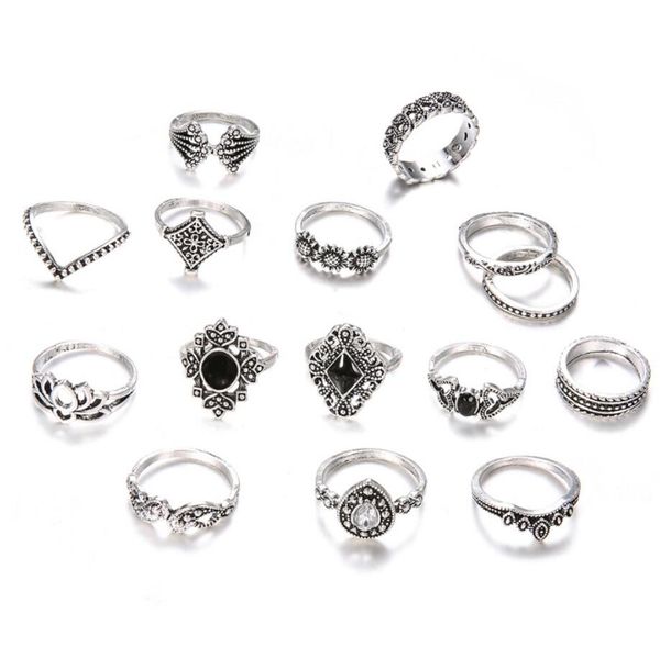 15 pièces/ensemble bohême Antique couleur argent couronne fleur évider sculpté anneaux ensembles Knuckle anneaux pour femmes bijoux