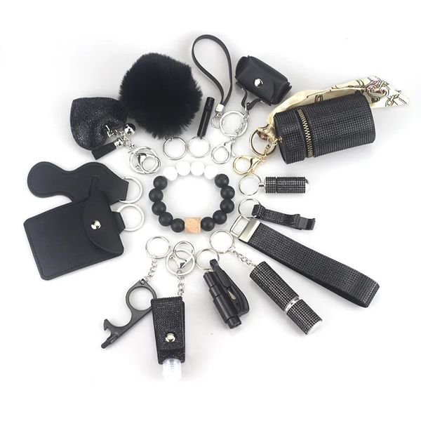 15pcs / réglage Kit de trousseau de sécurité quotidienne avec un pendentif à la balle d'alarme d'autodéfense et des sacs de montage de clés pour femmes 240110