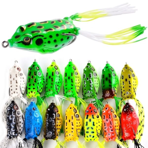 15 unids / set Rana Señuelo suave Tubo Cebo Señuelo de pesca de plástico con anzuelos de pesca Topwater Ray Rana Artificial Ojos 3D Señuelos de pesca Set 220530