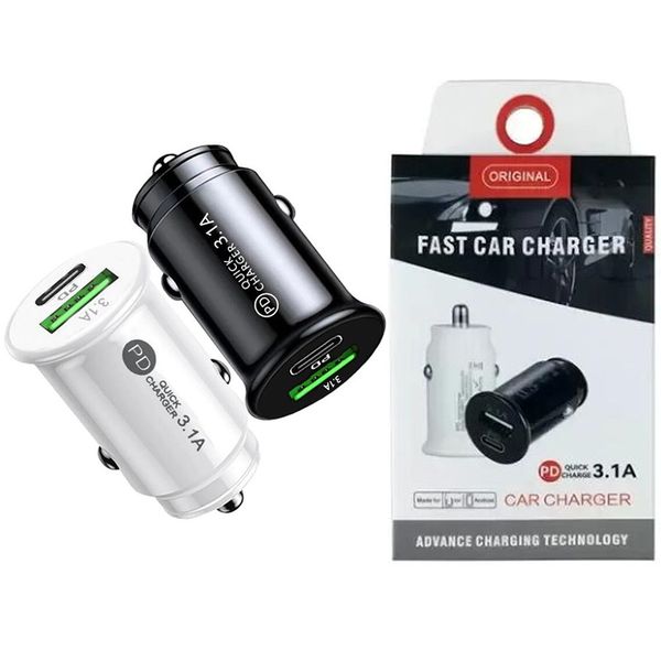 15W 3.1A Puertos duales de alta velocidad Cargador de coche USB PD Tipo c QC3.0 Adaptadores de cargadores rápidos con caja de venta al por menor para Ipad Iphone 7 8 11 12 13 14 15 Samsung HTC Teléfono Android