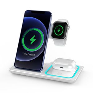 Station de chargement sans fil 15 W 3 en 1 compatible avec iPhone 15 14 13 12 11 téléphone portable intelligent Apple Watch AirPods Pro Qi chargeurs rapides avec emballage de vente au détail