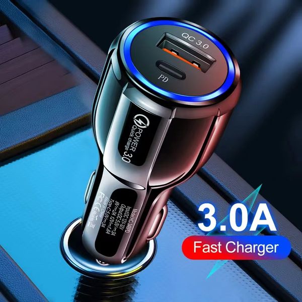 15W PD Chargeur de voiture à charge rapide rapide QC3.0 Adaptateur secteur automatique 2 ports USB-C Type C Chargeurs de téléphone USB de voiture pour iPhone 14 Samsung Xiaomi GPS