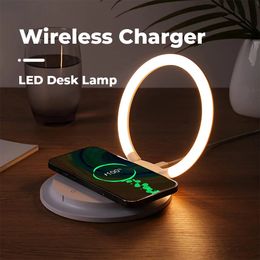 Lámpara LED de mesa con cargador inalámbrico rápido de 15W para teléfono móvil, soporte de carga inalámbrica, luces nocturnas, decoración regulable para escritorio y habitación