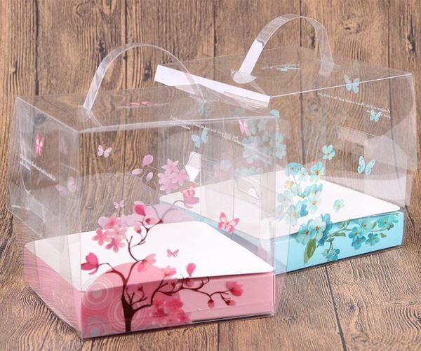 Boîte en plastique rose 15x15x15cm avec poignée Boîtes de gâteau PVC transparent Faveurs de mariage et cadeaux Cadeau Candy Box 100pcs