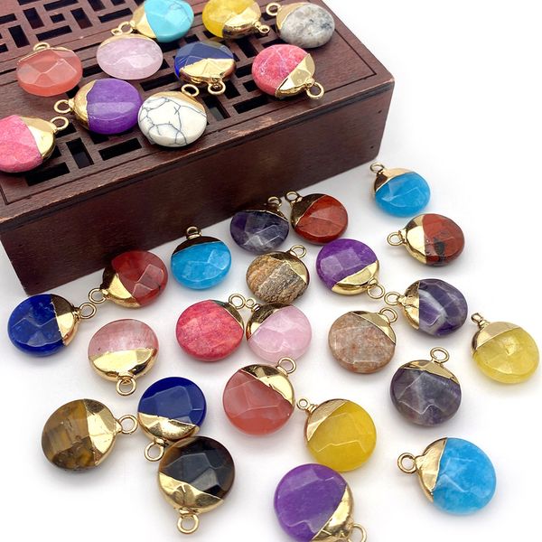 Breloques rondes en cristal naturel, bord doré, pierre plate, Quartz Rose, Turquoise, pendentifs tendance pour la fabrication de bijoux, vente en gros, 15x19mm