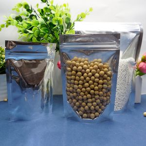 15x22cm, 100 stks / partij x doorschijnend staande stand-up aluminium folie ziplock tas-front clear mylar rijst / amandelen plastic rits pouch, zilveren zak