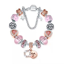 16-21CM cristal rose et bleu bricolage perles breloque cadeau Saint-Valentin pour fille coeur lune étoile bracelets à breloques ajustement bosom amis match argent serpent chaîne bijoux accessoires