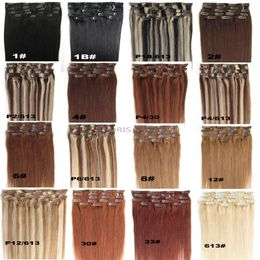 16-24 inch Blond Zwart Bruin Zijdeachtige Rechte Clip in Human Hair Extensions 70g 100g braziliaanse indian remy haar voor Volledige Hoofd