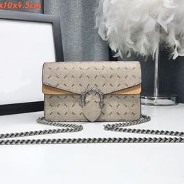 Mini bolso de cadena de 16/25 cm, bolso cruzado con solapa, bolsos de hombro, herrajes con cabeza de serpiente, monedero con cerrojo, bolsos de mujer, lienzo de cuero genuino, impresión de letras clásicas en dos tonos 499623