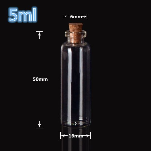 16*50*6mm 5ml Mini botellas de vidrio transparente con corcho pequeños frascos frascos contenedores Linda botella de deseos 100 Uds
