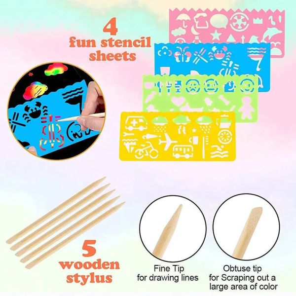 16 / 60pcs Scratch Paper Kids Rainbow Magic Scratch Off Sheet Paper Kit artisanat Black Note Paper Drawing Tamps avec pochoirs