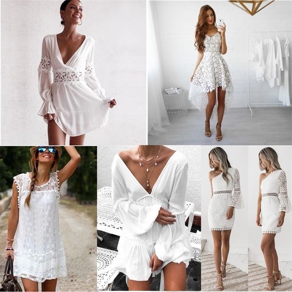 16 couleurs conceptions femmes robes en dentelle blanche printemps été sans manches sexy évider broderie décontracté robe de soirée dame Cestidos W220315