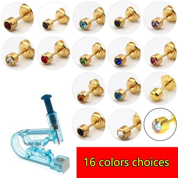 Kit de pistola perforadora de oreja de diamante de 16 colores, kit de máquina de herramienta perforadora de pendientes de seguridad saludable desechable, accesorios de joyería para el cuerpo de labio y nariz 435-G