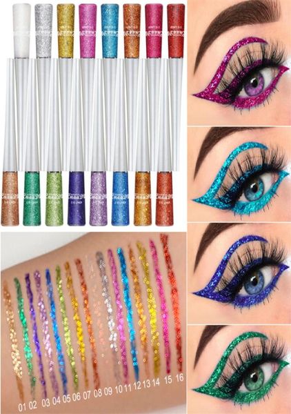 16 colores Diamond Glitter Eyeliner Pen Colorido verde amarillo oro plata naranja azul púrpura Delineador de ojos líquido impermeable de larga duración6954767