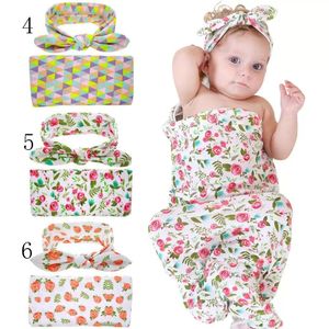 16 kleuren pasgeboren baby baby katoen swaddle 2pc set konijn oren boog hoofdband + swaddle floral gele perzik flamingo drukken dekens