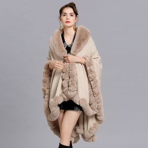 16 couleurs Hiver Streetwear Cloak Femmes Black Faux Cashmere Big Pendulum Long Poncho Cape String Fox Collar Fur Fur Loose Câle