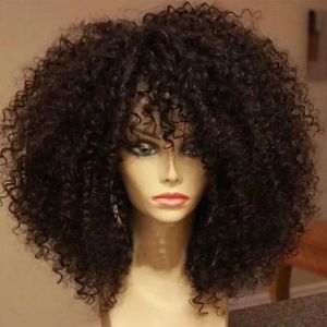 16 inch Afro kinky krullend haar s met pony zachte donzige synthetische vezel Geen kant voor feestcosplay dagelijks gebruik 240327