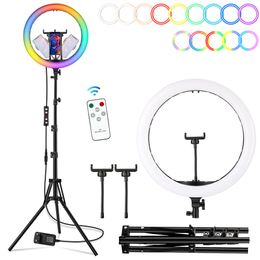 Anillo de luz LED RGB de 16 pulgadas, anillo de luz LED para Selfie con 3 Clips para teléfono, soporte de trípode de 200cm, iluminación fotográfica, lámpara de relleno de vídeo en vivo