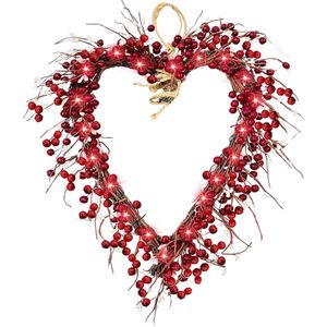 16 pouces Saint Valentin couronne décorations de porte d'entrée baies rouges couronnes en forme de coeur avec 20 LED à piles WWO6 Q0812