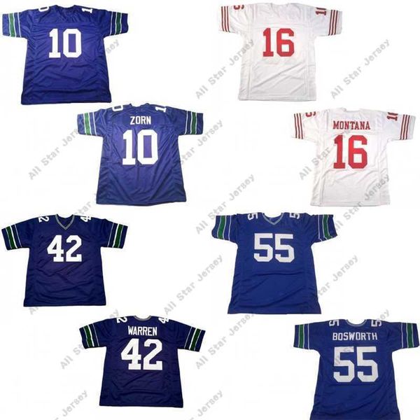 16 Joe Montana 42 Chris Warren 55 Brian Bosworth 10 Jim Zorn Ed Football Jersey Bleu Couleur Blanc Hommes Jersey S-xxxl