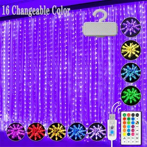 16 types de guirlandes lumineuses de rideau de couleur variable 3 * 3M 300 LED guirlandes lumineuses clignotantes 7 modes télécommande suspendu goutte à goutte cordes chambre dortoir fête décoration