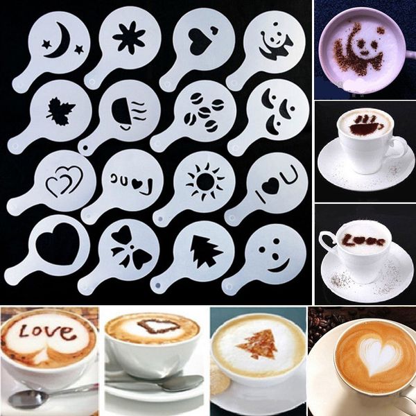 16 Unids/set Fancy Coffees Modelo de Impresión Plantillas de Café Dibujo de Café Molde de Capuchino Tamiz de Azúcar en Polvo Herramientas T9I002093