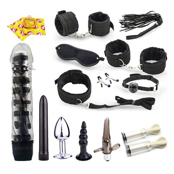 16 pièces jouets sexy pour femme jeux pour adultes menottes fouet bouche Gag corde métal godemichet Anal Bdsm Bondage ensemble perle plug U1JD