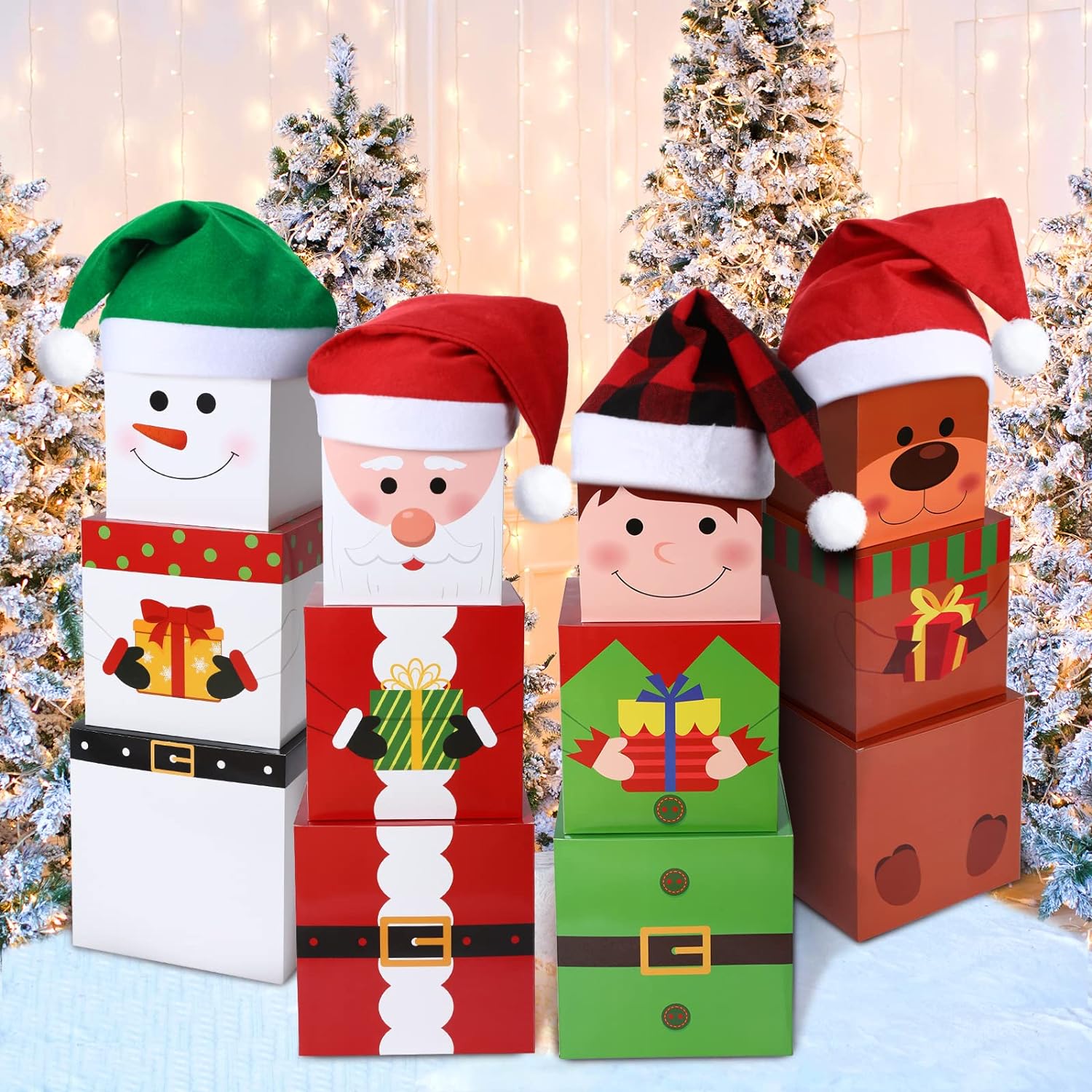 16 Pièces Boîtes Empilables de Noël avec Chapeaux en 4 Modèles Coffret Cadeau Empilable Bonhomme de Neige Boîtes Gigognes de Noël Cadeau Empilable de Noël Décoratif