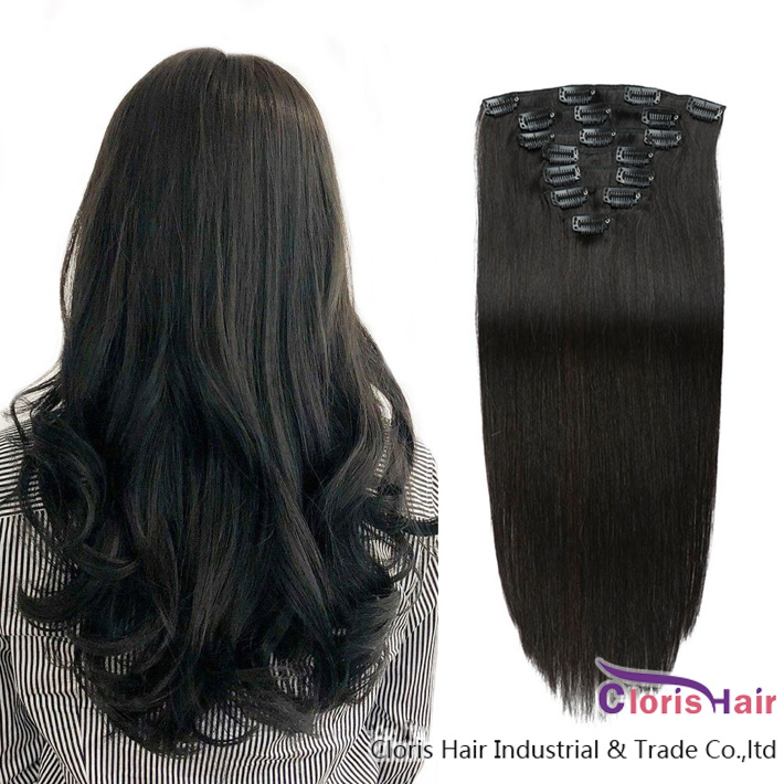 Full Head 1b Natural Black Clip In Human Hair Extensions 14"-22" 70g 100g 120g set Brazilian Remy Straight Weave Clips On
