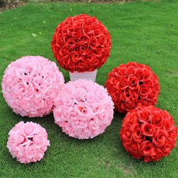 24 "60 cm Dia Kunstmatige encryptie Rose Silk Flower Kissing Balls for Wedding Party Centerpieces Decoration