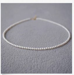16" mini AAA+3-4 mm Real natural Akoya collar de perlas blancas redondas 14k Oro