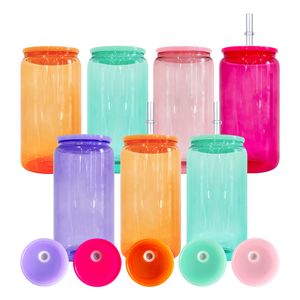 Entrepôt américain 16 oz d'ébauches de sublimation réutilisables cristal clair incassable verre de bière soda borosilicate tasse en verre avec couvercles en pp colorés en stock