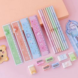 16 sets schattige beer potloden met gum liniaal puntenslijper schrijfhulpmiddel kawaii briefpapier student potlood school kantooraccessoires 240123