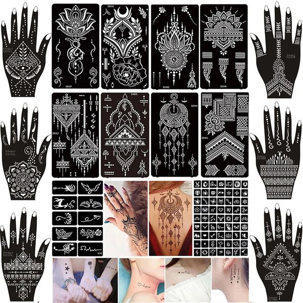 Pochoir de tatouage temporaire, autocollant de tatouage au henné, autocollant d'art corporel pour hommes et femmes, motif au henné, 16 feuilles, 240108