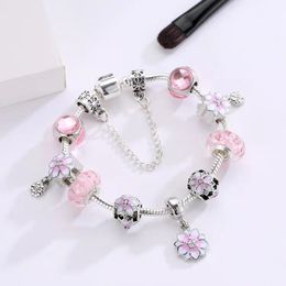 16 a 21 CM rosa oriental cereza encanto pulsera 925 serpiente de plata cadena flor perlas ajuste DIY accesorios de joyería de boda para regalos de año nuevo